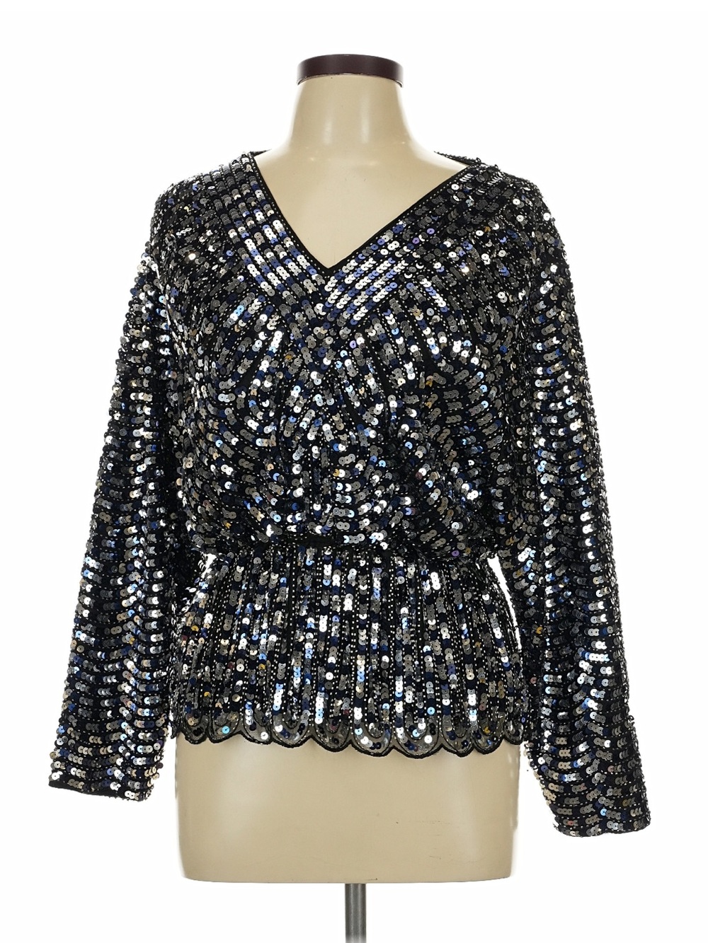NWT Prima Peplum Top  from Nordstrom Black, blue and Silver Sequin V-Neck